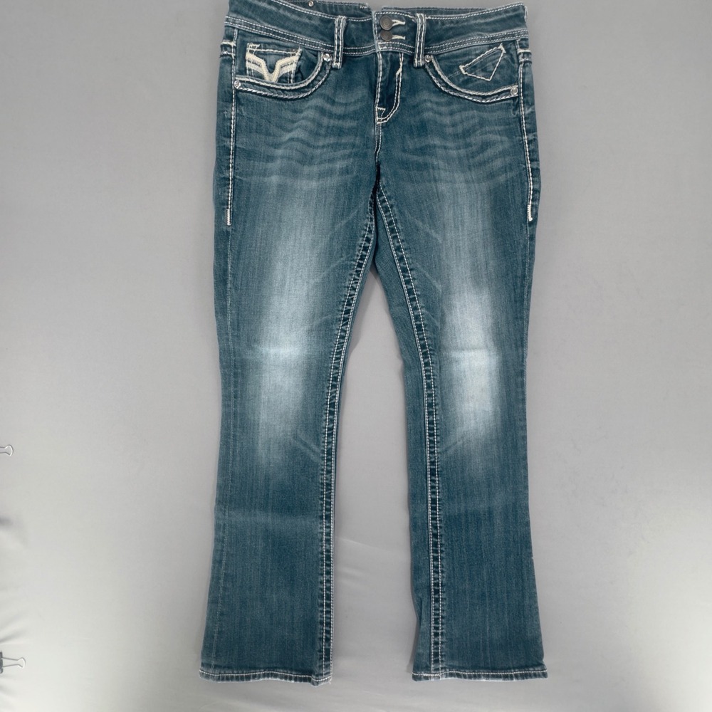 Vigoss The Dublin Slim Boot Jeans Medium Wash Embroidered Thick Stitch Size 7/32